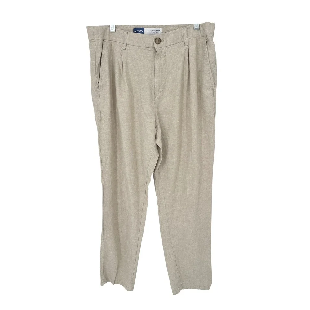Old Navy Loose Taper Pants Mens L Beige Linen Blend Coastal Beach Neutral Travel